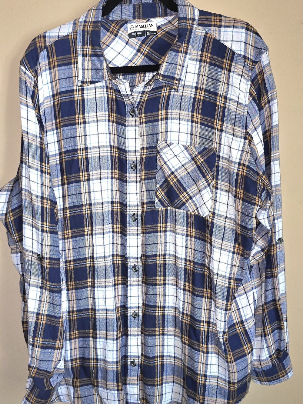 Magellan Outdoors Camping Women's Blue White Plaid Button-Up Shirt Hiking Sz XXL